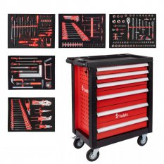 Професионална количка за работилница/кутия за инструменти 196бр - 6 чекмеджета Червено/Черно