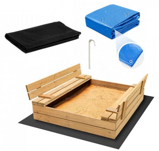 Sandkasten mit Bänken 150cm + Abdeckplane + Agrotextil