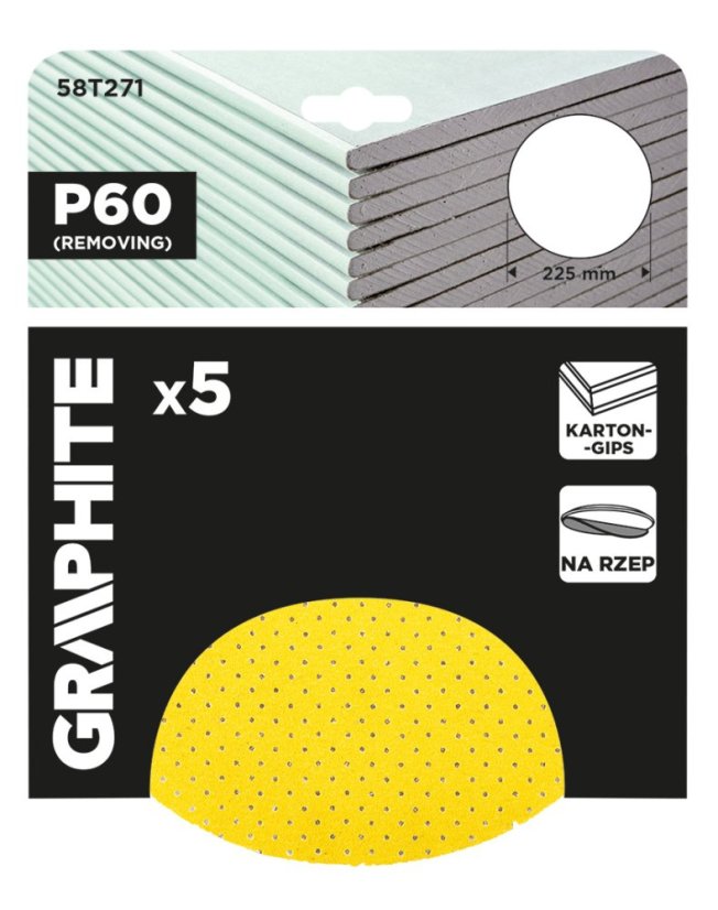 Csiszolókorongok, perforált, tépőzáras lyukakkal 225 mm, P60, 5 db 58T271
