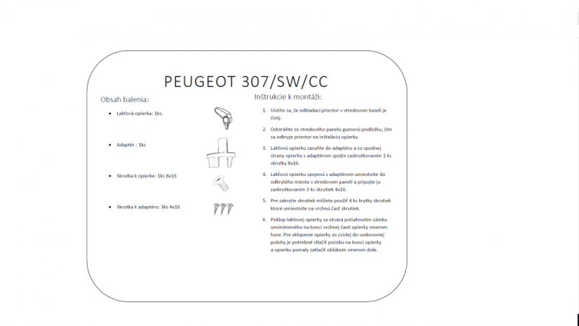 Könyöktámasz Peugeot 307, Break, SW, fekete, textil borítás
