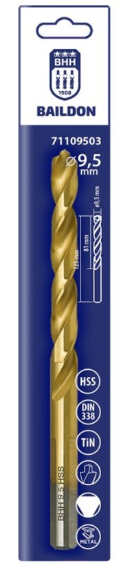 Baildon DIN 338 RN 9,5 mm, HSS TiN (S), 125-81 mm (3-hornyos szár) 71109503