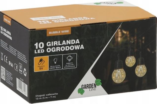 LED fénylánc 5V 10m meleg fehér Bubble