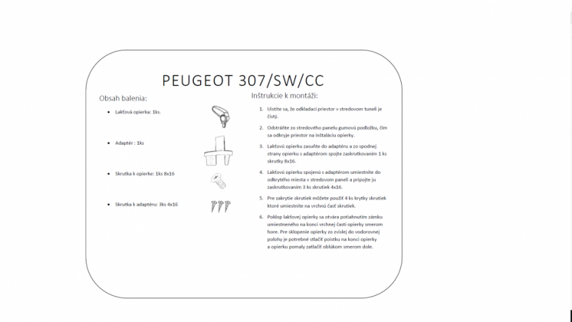Naslon za roke Peugeot 307, Break, SW, Črna, prevleka iz tekstila