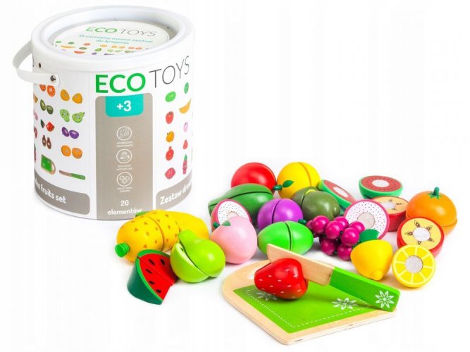 Ecotoys komplet za rezanje sadja in zelenjave + škatla 20 kosov lesen komplet