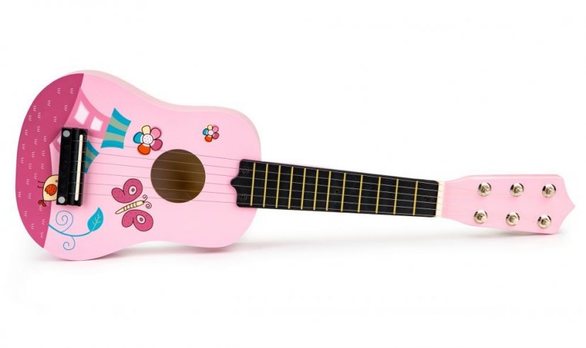 Chitară din lemn pentru copii Pink Butterfly